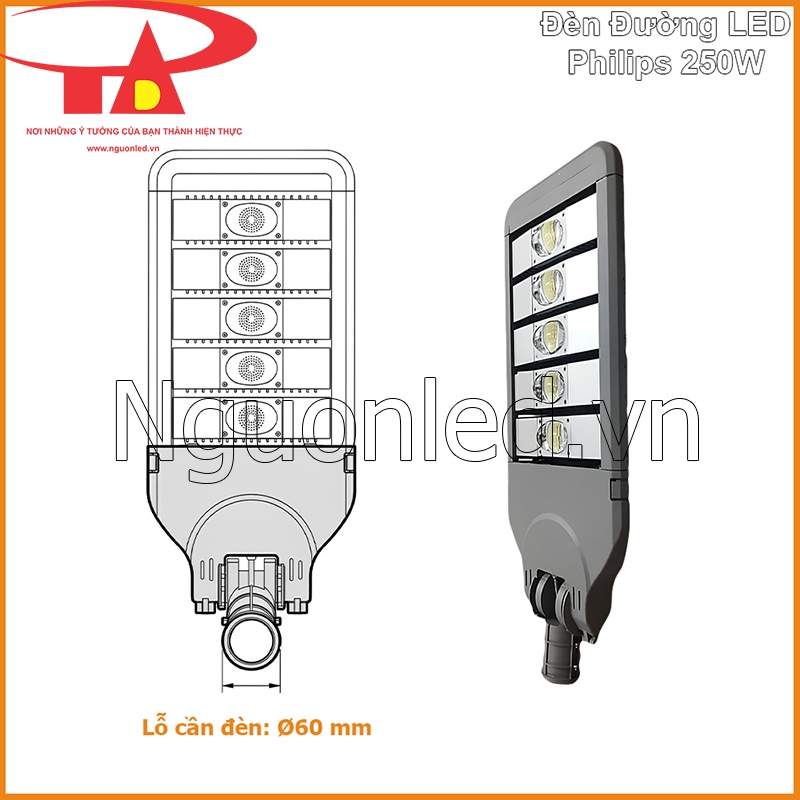 Bản vẽ đèn đường Philips 250W thể hiện cổ lắp cần Ø60mm và hình sản phẩm nhìn nghiêng