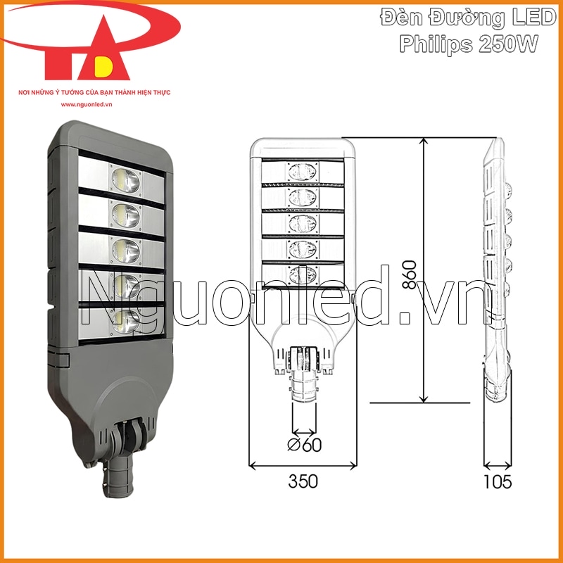 Đèn đường LED OEM Philips 250W kèm sơ đồ kích thước 860 x 350 x 105mm và lỗ Ø60mm