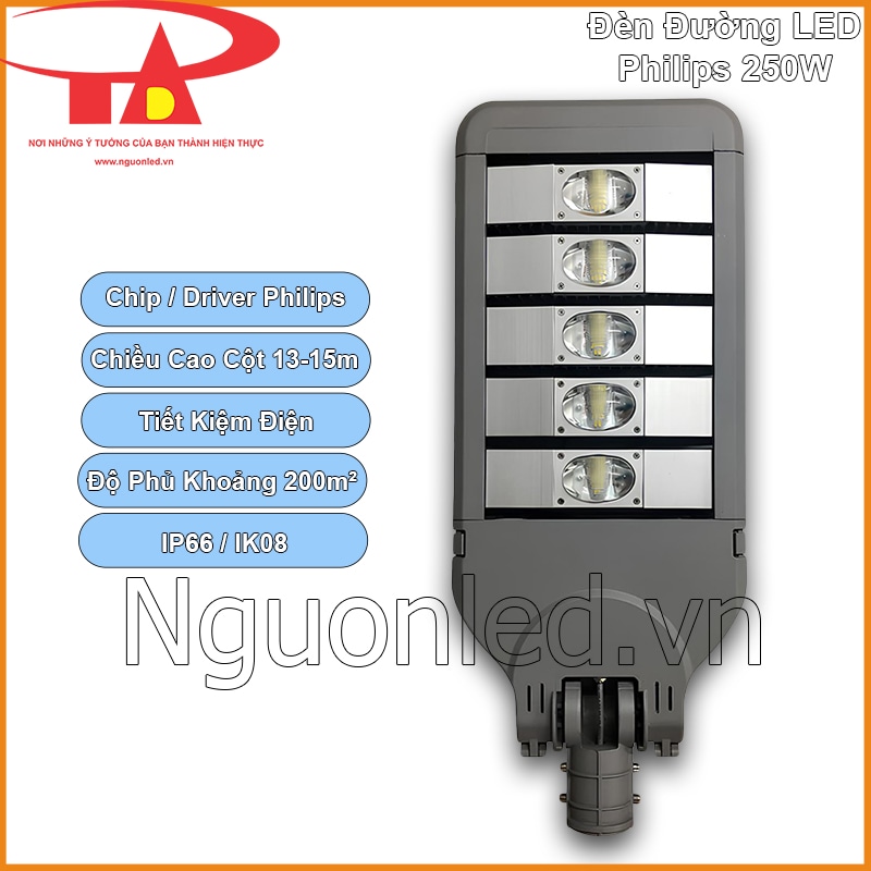 Đèn đường LED Philips 250W màu xám với năm module LED và thông số cột cao 13–15m