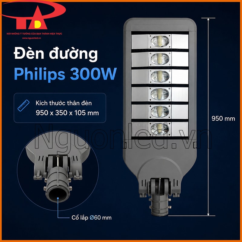 Cổ lắp Ø60mm và thân dài 950mm của đèn LED chiếu sáng đường 300W