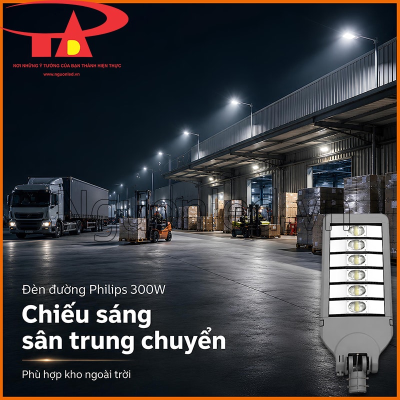 Đèn đường 300W tại sân trung chuyển hàng hóa có pallet và xe nâng ban đêm