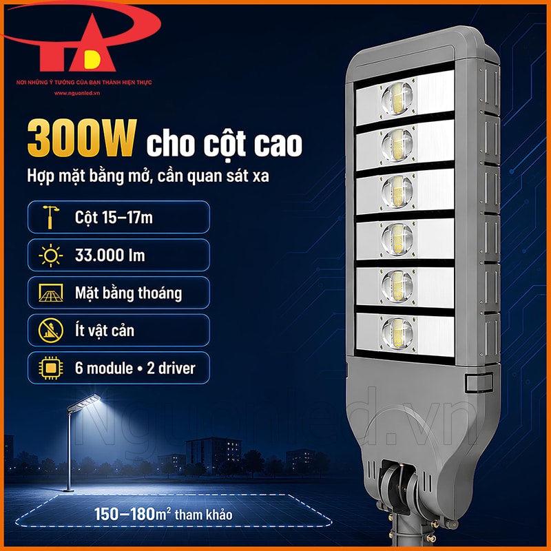Đèn đường 300W lắp trên cột cao chiếu xuống mặt bằng rộng trong khu công nghiệp