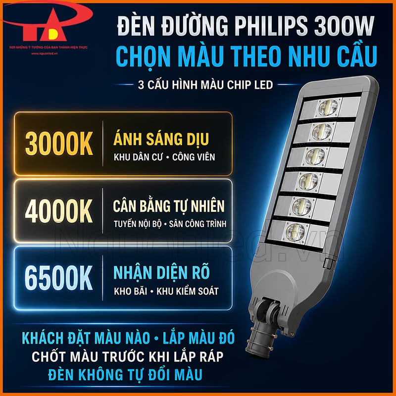 Ba màu ánh sáng 3000K, 4000K và 6500K của đèn đường Philips 300W