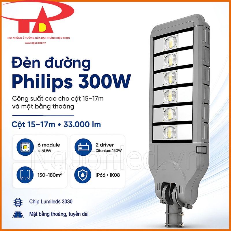 Đèn đường Philips 300W thân xám với 6 module LED dùng cho cột cao 15–17m ngoài trời
