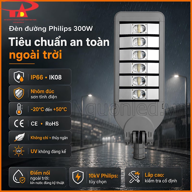 Đèn đường Philips 300W ngoài trời với thân nhôm xám, IP66 và IK08