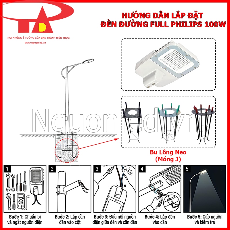Hướng dẫn lắp đặt Đèn đường LED 100W Full Philips trên cột ngoài trời đúng kỹ thuật, chắc chắn và an toàn điện