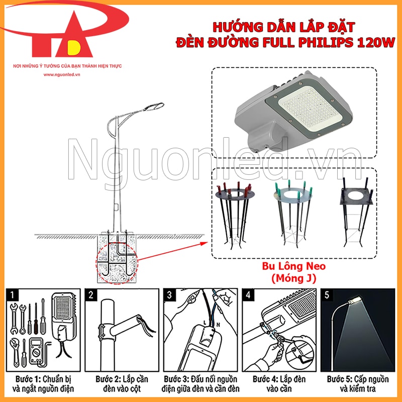 Các bước lắp đèn đường Philips 120W gồm cố định cần đèn, đấu nối điện và kiểm tra vùng sáng thực tế