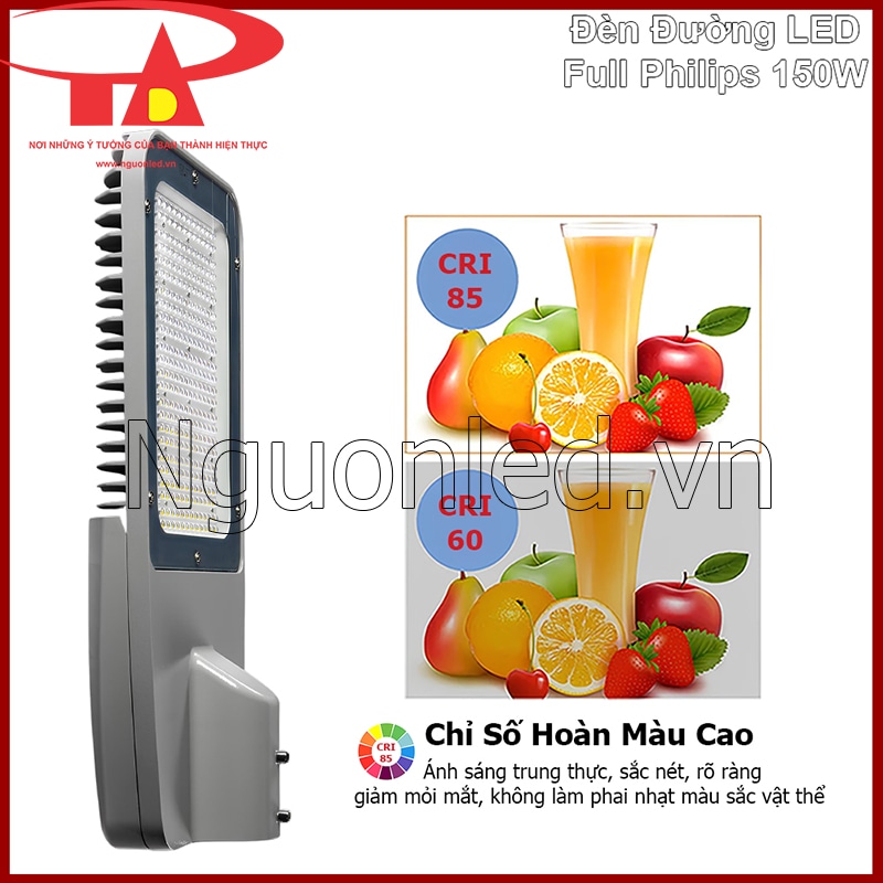 Đèn đường LED 150W chỉ số hoàn màu cao giúp quan sát rõ vật thể dưới ánh sáng ngoài trời