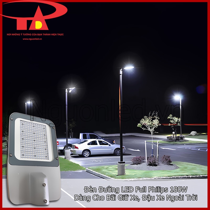 Đèn LED đường phố Philips 180W phù hợp bãi xe rộng cần ánh sáng rõ, dễ nhận diện và vận hành chuyên nghiệp