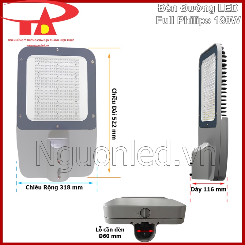 Thiết kế gọn của đèn đường 180W giúp đội thi công lắp đặt thuận tiện hơn