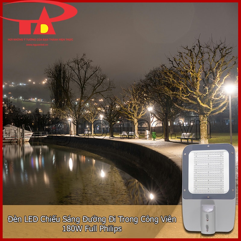 Đèn LED đường phố 180W cho đường dạo ven hồ giúp không gian ban đêm sáng rõ, thư thái hơn