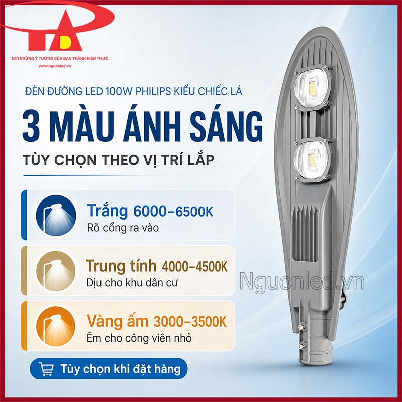 Đèn đường LED 100W Philips kiểu chiếc lá với ánh sáng trắng, trung tính và vàng ấm