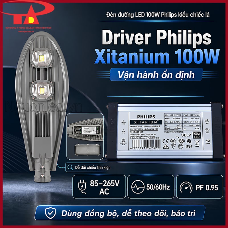 Driver Philips Xitanium 100W đặt cạnh đèn đường LED 100W kiểu chiếc lá  