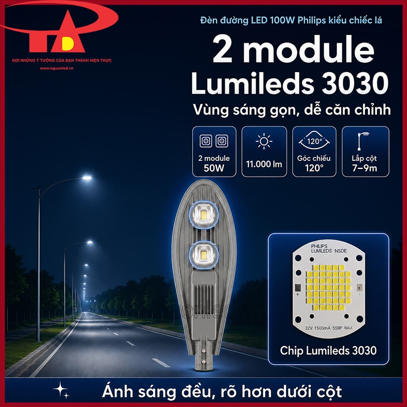Đèn đường LED 100W Philips kiểu chiếc lá với 2 module Lumileds 3030 và chip phóng lớn