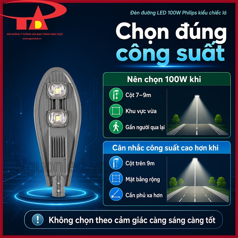 Bảng chọn công suất đèn đường LED Philips hình chiếc lá theo chiều cao cột