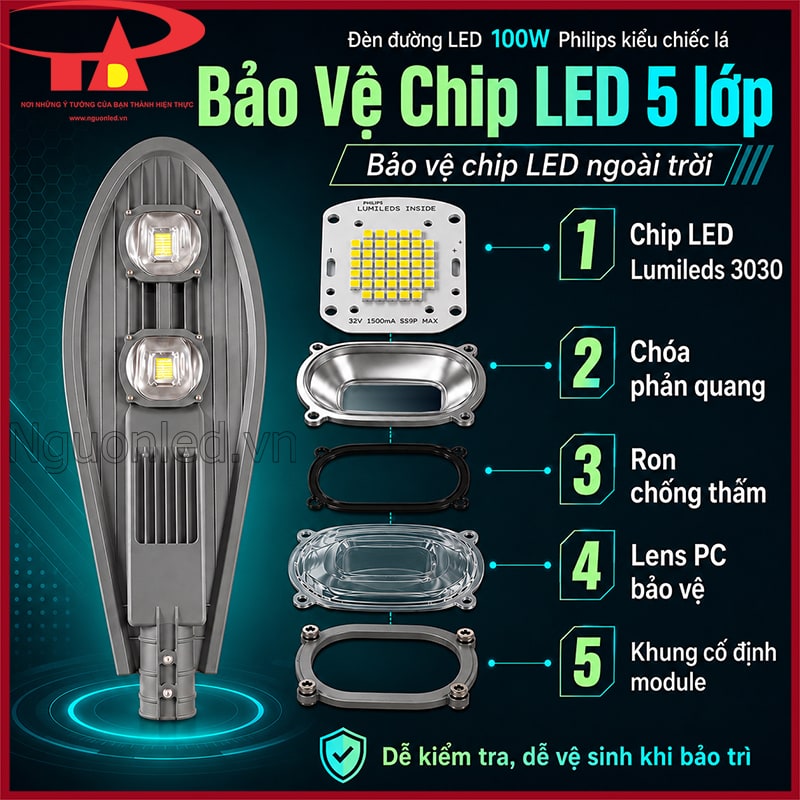 Đèn đường LED 100W Philips kiểu chiếc lá với cấu trúc bảo vệ chip LED 5 lớp