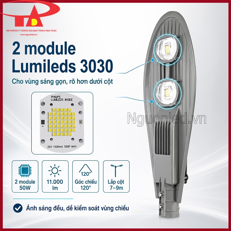 Đèn đường 100W Philips hình chiếc lá với chip Lumileds 3030, 11.000 lumen và góc 120°