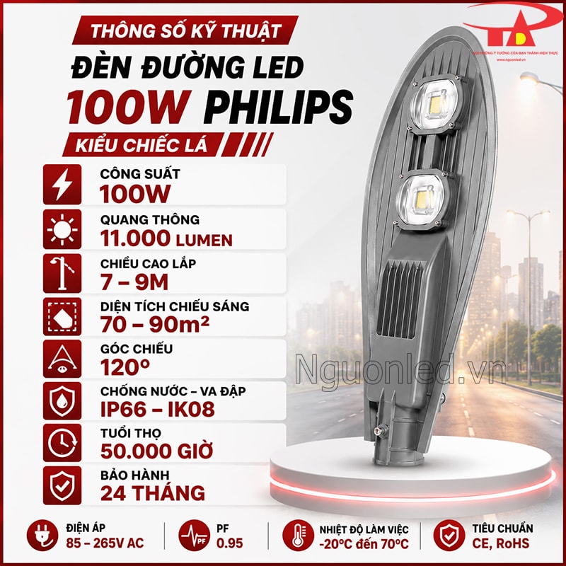 Đèn đường LED 100W Philips kiểu chiếc lá với 11.000 lumen, góc chiếu 120° và bảo hành 24 tháng