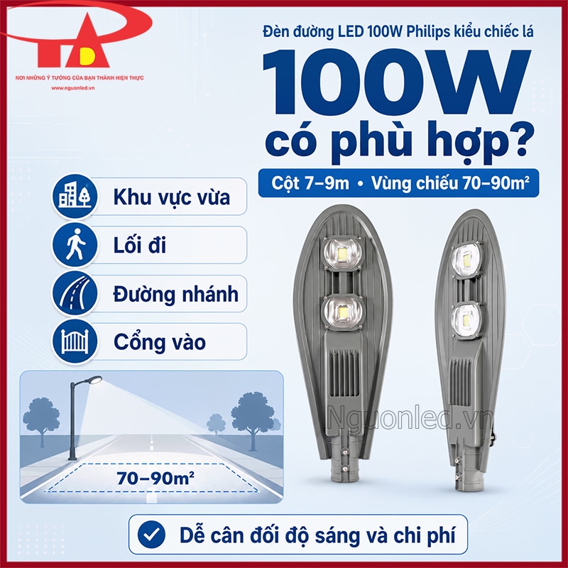Đèn đường LED 100W Philips hình chiếc lá cho cột 7–9m và vùng chiếu 70–90m²