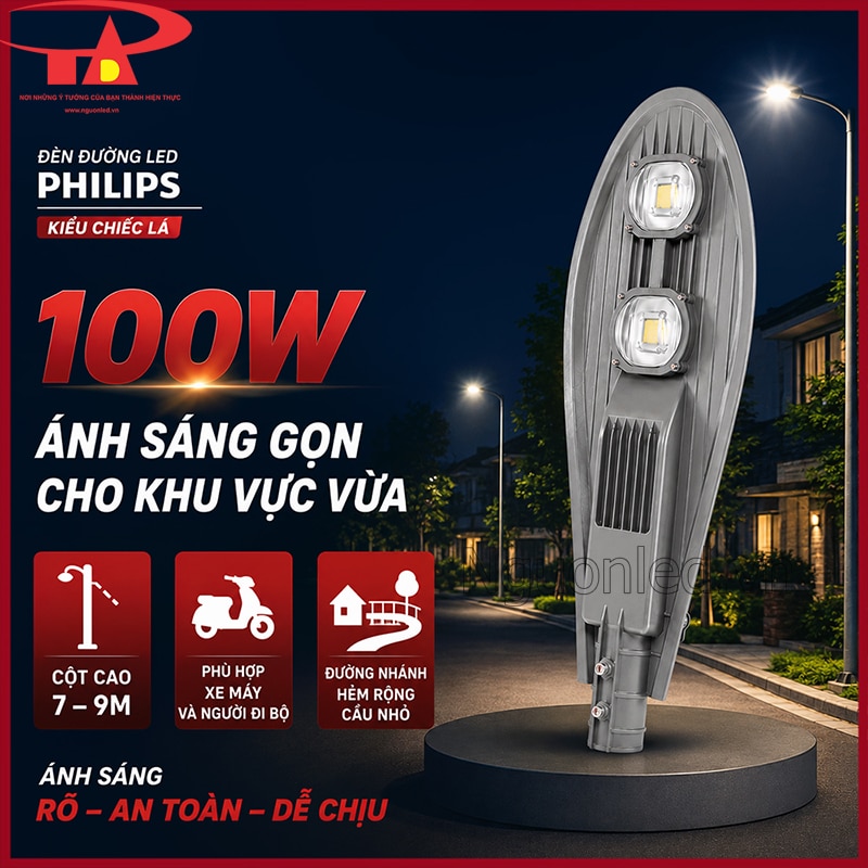 Đèn đường LED 100W Philips kiểu chiếc lá cho cột 7–9m và khu vực gần người