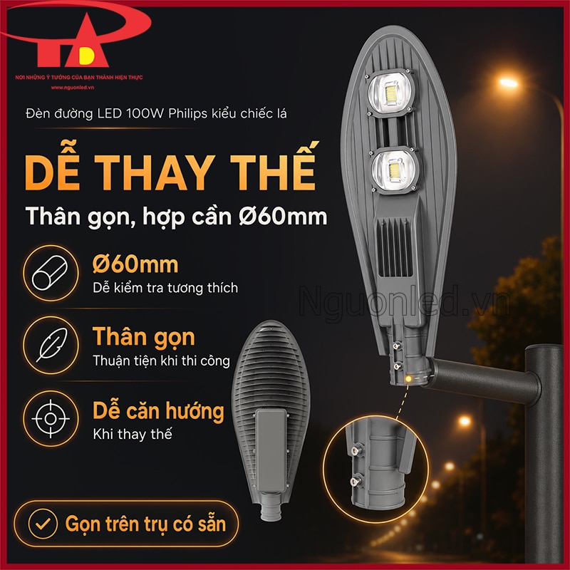 Đèn đường LED 100W Philips hình chiếc lá thân gọn, phù hợp cần Ø60mm 