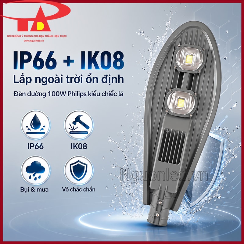 Đèn đường LED 100W Philips kiểu chiếc lá đạt IP66 IK08 cho lắp ngoài trời ổn định