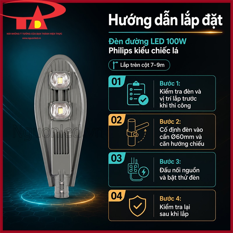 Quy trình lắp đặt đèn đường LED 100W Philips kiểu chiếc lá trên cột 7–9m