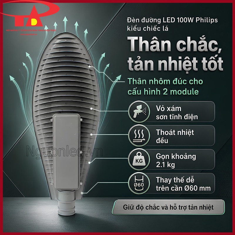 Mặt sau đèn đường LED 100W Philips kiểu chiếc lá với thân nhôm đúc và rãnh tản nhiệt 