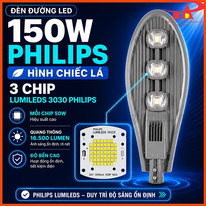 Đèn đường LED 150W Philips hình chiếc lá sử dụng 3 chip Lumileds 3030 