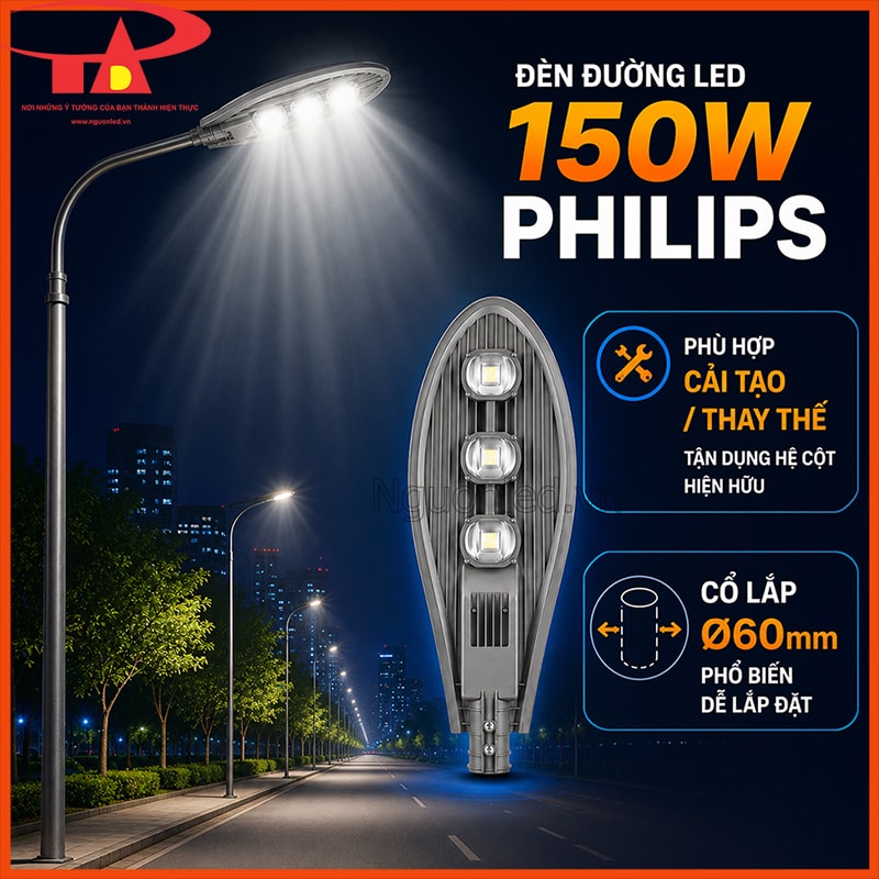 Đèn đường LED 150W Philips hình chiếc lá phù hợp cải tạo và thay thế đèn cũ