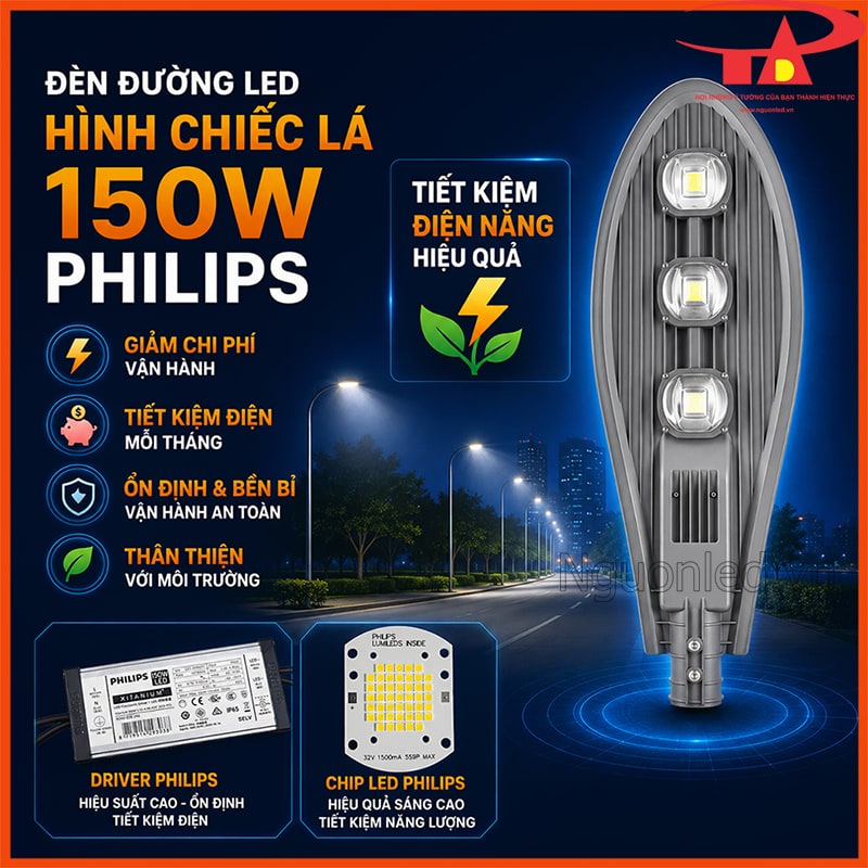 Đèn đường Philips 150W hình chiếc lá với driver Philips và chip LED Philips