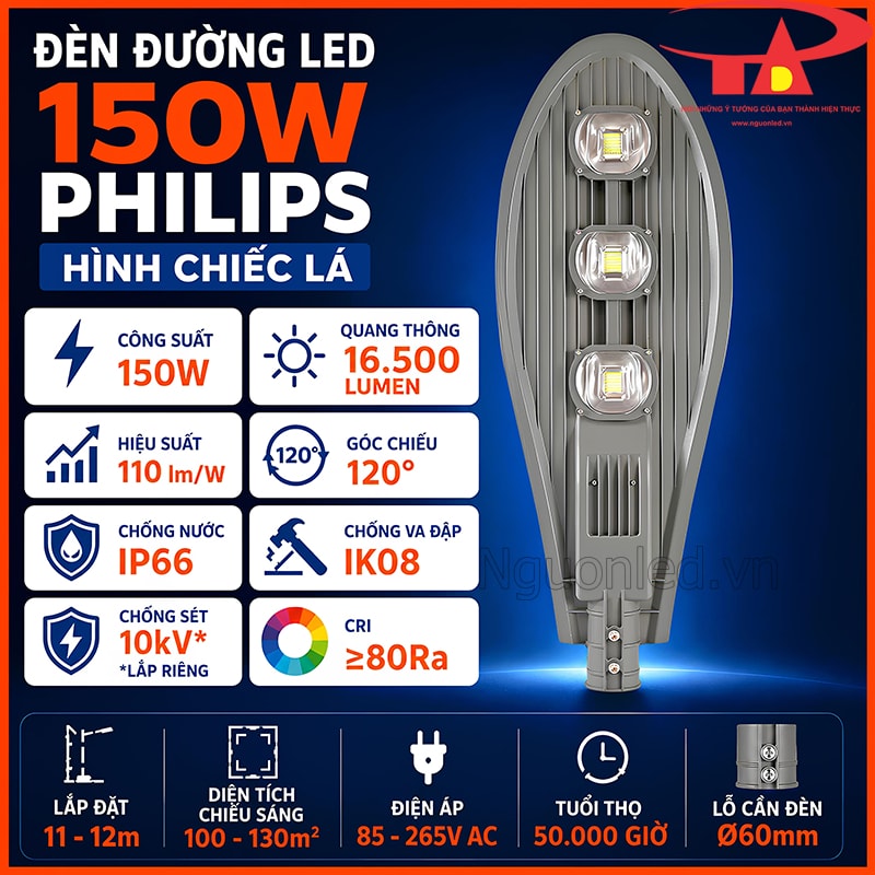 Đèn đường LED 150W Philips hình chiếc lá với 16.500 lumen, IP66, IK08 và Ø60mm