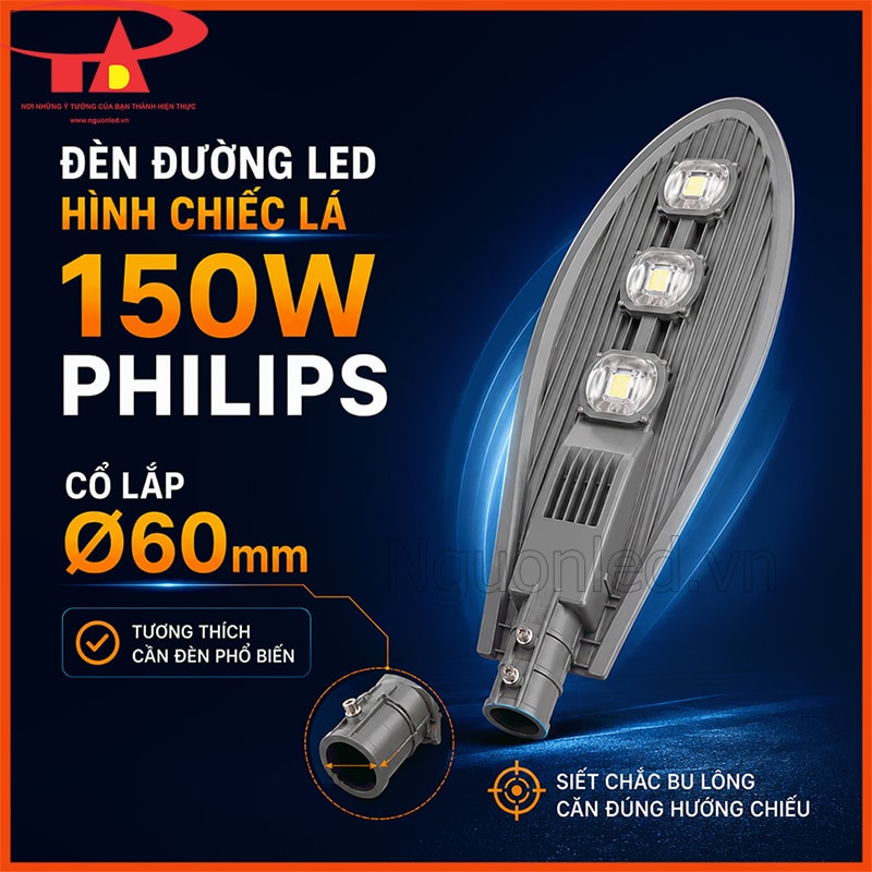 Đèn đường LED 150W Philips hình chiếc lá với cổ lắp Ø60mm và bu lông cố định