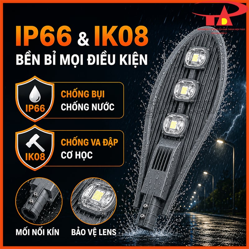 Đèn đường LED 150W Philips hình chiếc lá đạt IP66 IK08 trong điều kiện mưa gió
