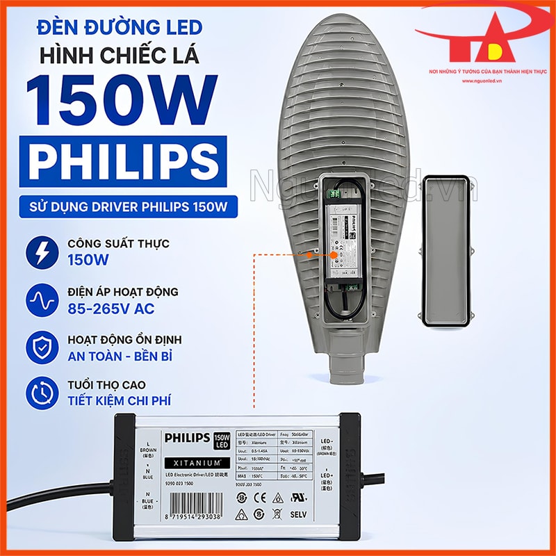 Driver Philips 150W lắp trong khoang sau của đèn đường LED 150W hình chiếc lá