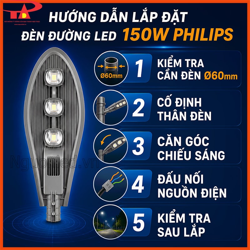 Quy trình lắp đặt đèn đường LED 150W Philips hình chiếc lá theo 5 bước 