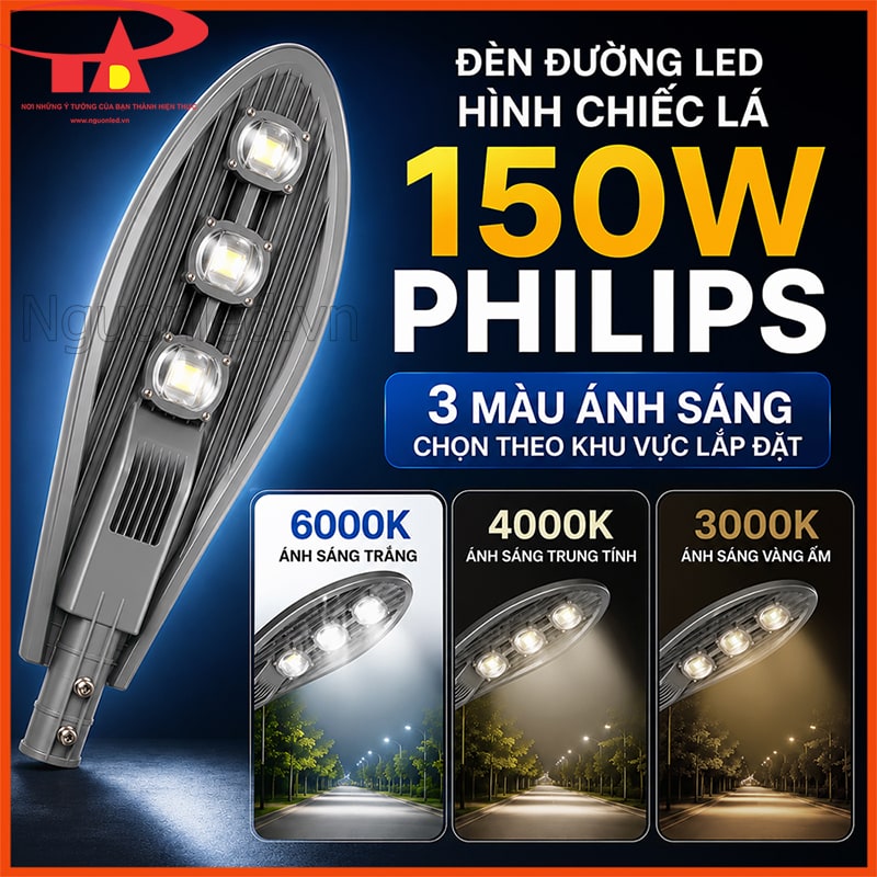 Đèn đường LED 150W Philips hình chiếc lá với ánh sáng trắng, trung tính và vàng ấm