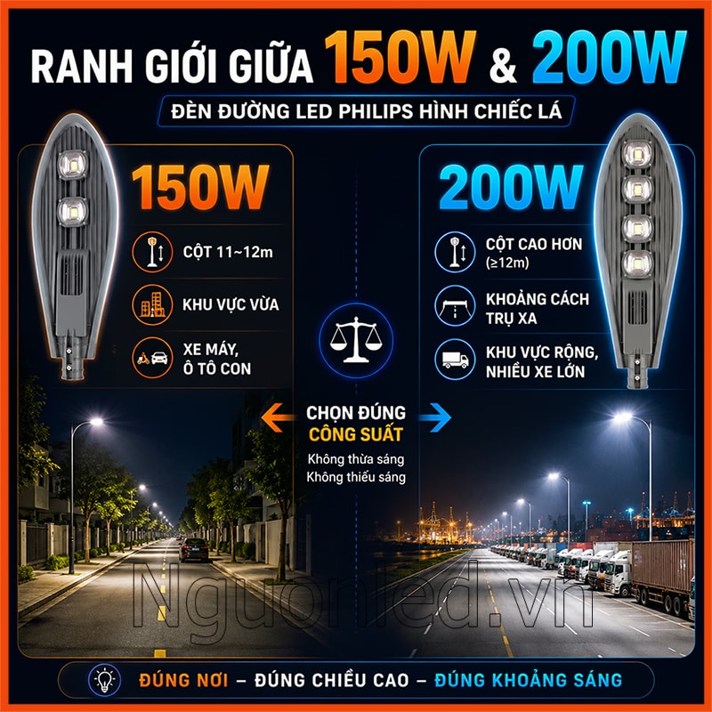  So sánh đèn đường LED Philips 150W và 200W hình chiếc lá theo khu vực lắp