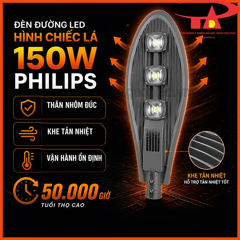 Đèn đường LED 150W Philips kiểu chiếc lá với thân nhôm đúc và khe tản nhiệt