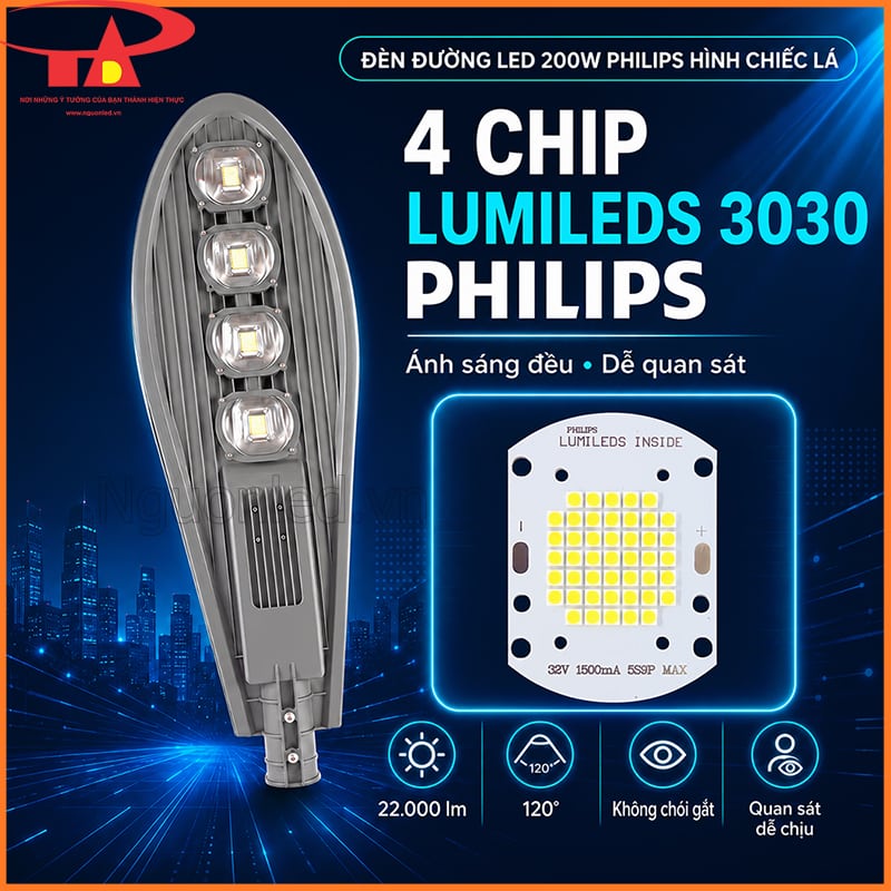 Bốn chip Lumileds 3030 Philips trên đèn đường LED 200W hình chiếc lá   