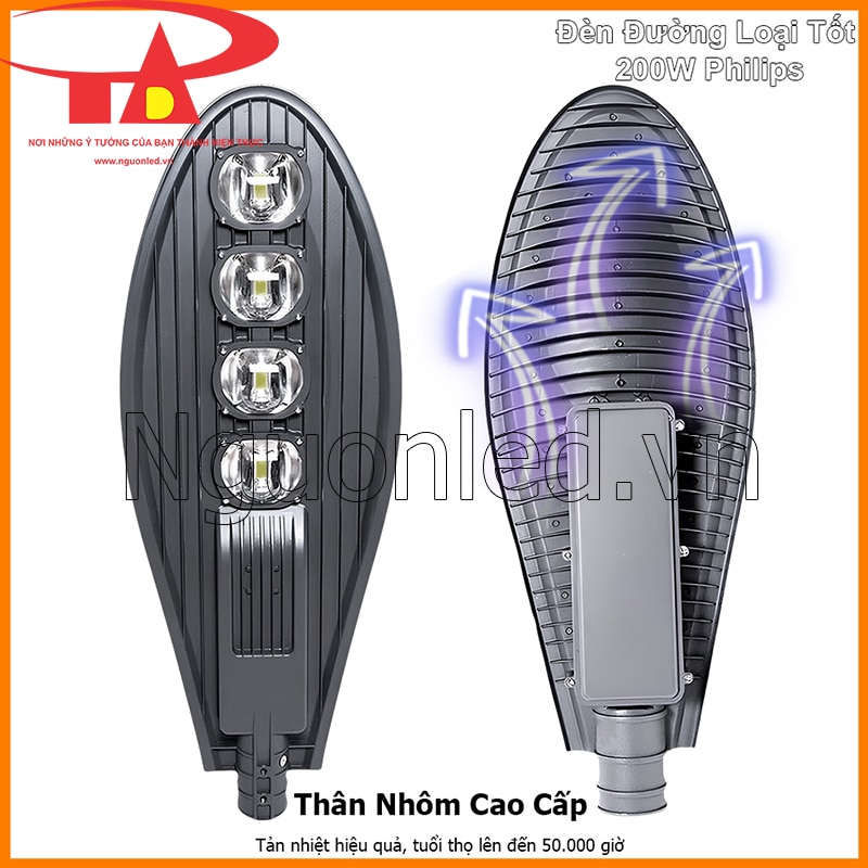 Thân nhôm đúc sơn tĩnh điện của đèn đường LED chiếc lá 200W Philips giúp tản nhiệt hiệu quả