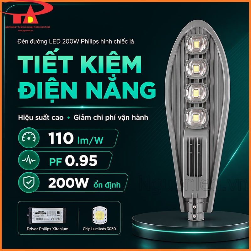 Đèn đường LED 200W Philips hình chiếc lá hiệu suất 110 lm/W và PF 0.95