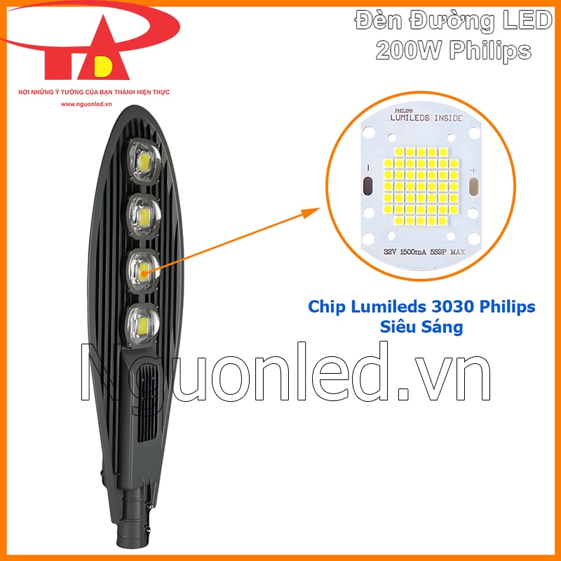Chip LED Philips 3030 cao cấp trên đèn đường Philips 200W chiếc lá cho ánh sáng ổn định ngoài trời