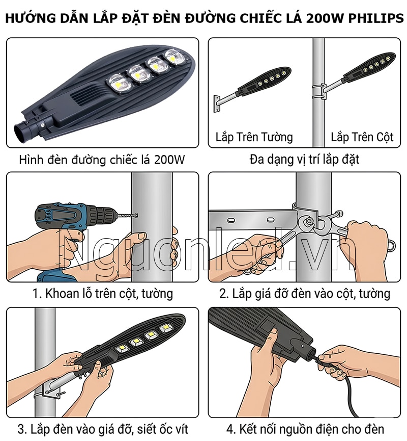 Hướng dẫn lắp đặt đèn đường LED chiếc lá 200W Philips đúng kỹ thuật