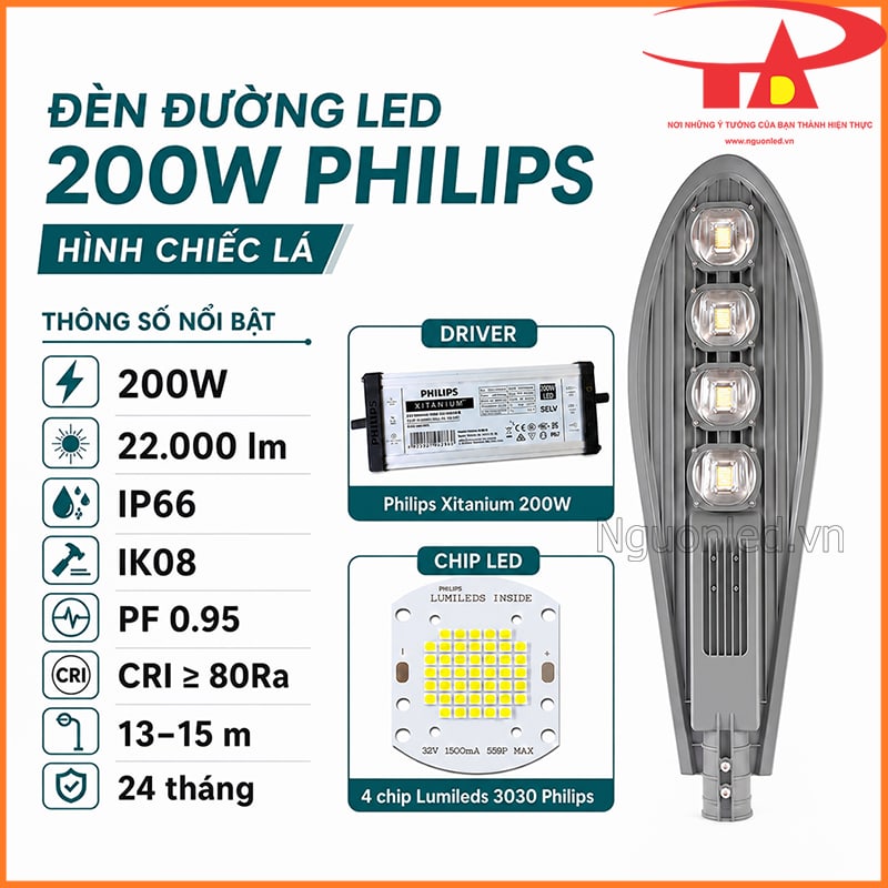 Thông số nổi bật đèn đường LED 200W Philips hình chiếc lá với driver và chip Lumileds