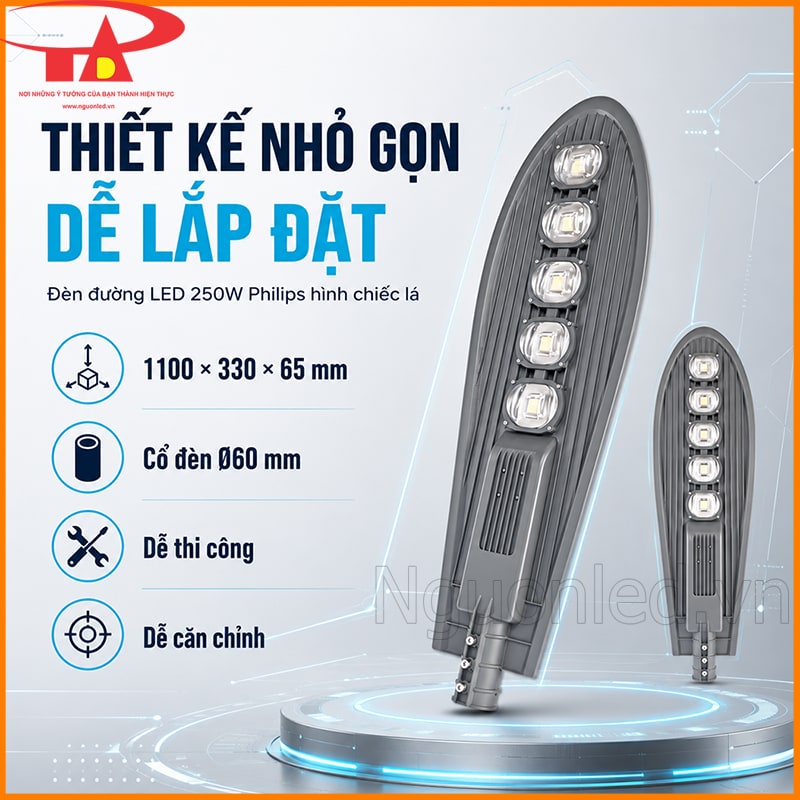 Đèn đường LED 250W Philips hình chiếc lá với kích thước 1100 x 330 x 65 mm