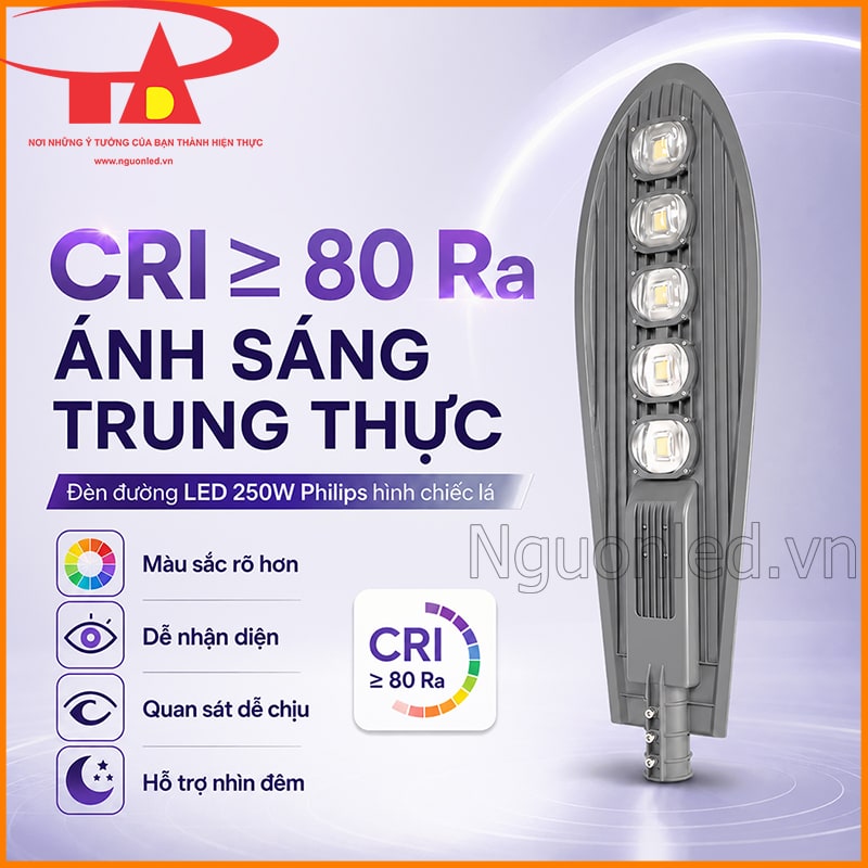 Đèn đường LED 250W hình chiếc lá với chỉ số CRI ≥ 80 Ra và thang màu hoàn màu 
