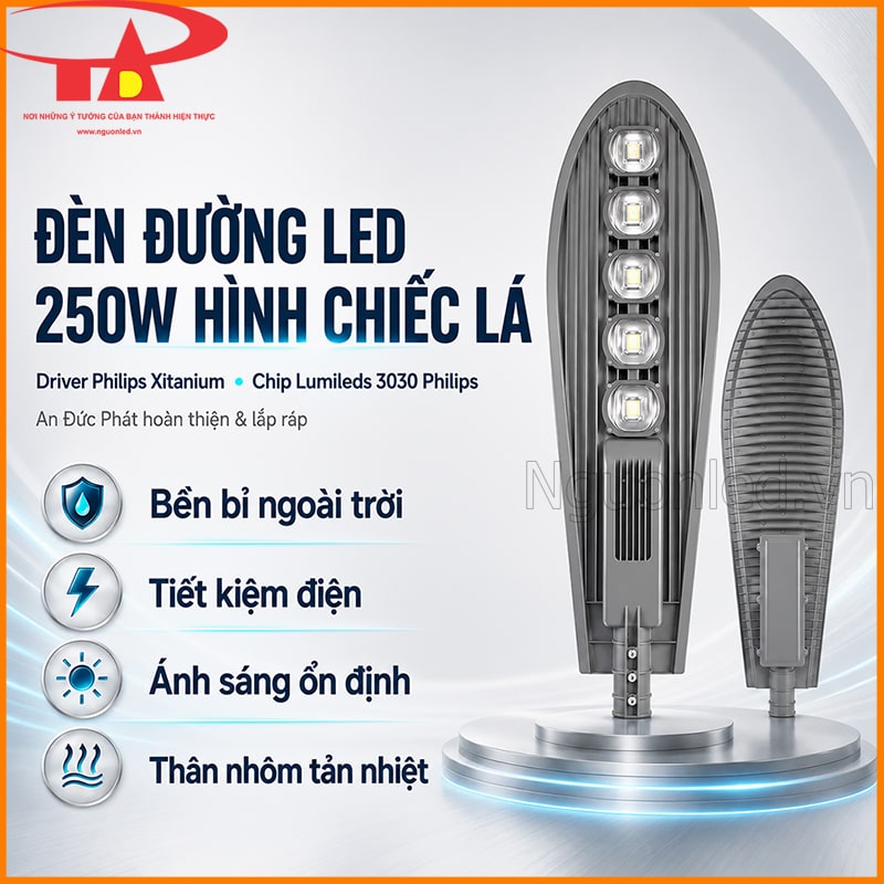 Đèn đường LED 250W hình chiếc lá với mặt trước, mặt sau và các ưu điểm chính