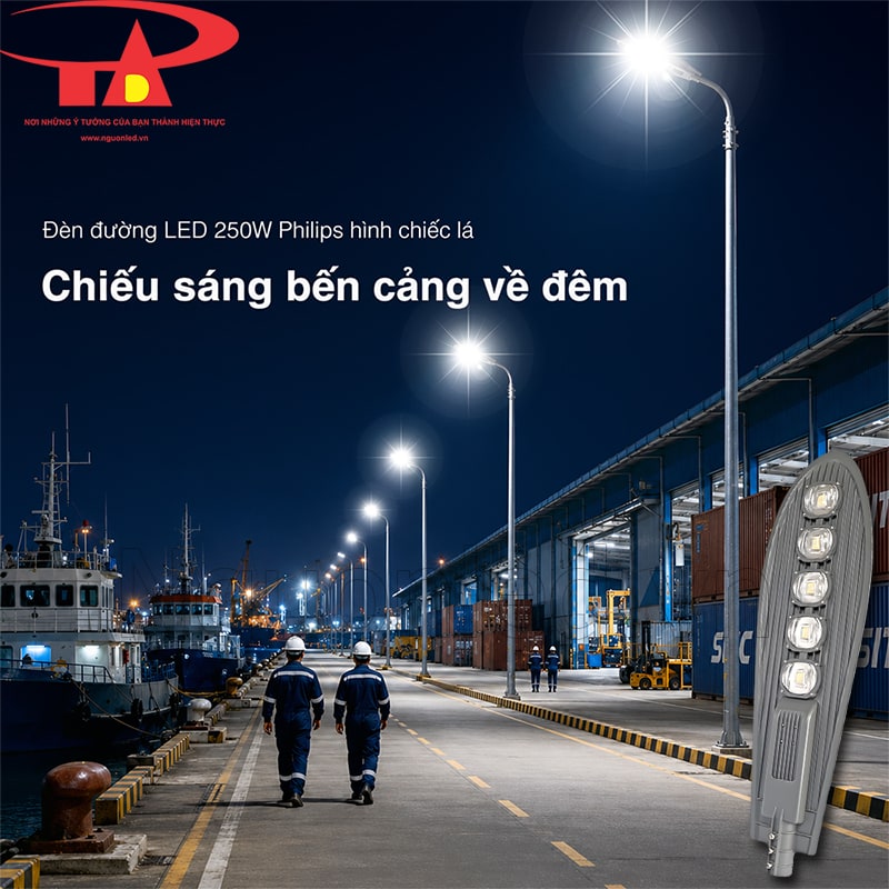 Đèn đường LED 250W Philips hình chiếc lá chiếu sáng bến cảng về đêm