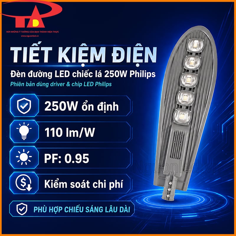 Đèn đường LED 250W chiếc lá Philips với thông tin 110 lm/W, PF 0.95 và công suất ổn định
